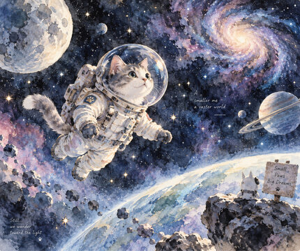 月と惑星と銀河が広がる宇宙を漂う猫の宇宙飛行士