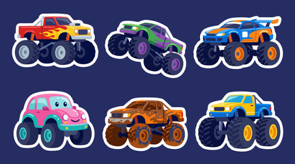 Vibrant set of colorful monster truck vector illustrations featuring various stylized off-road vehicles designed with bold shapes and playful details © AhmadMuslih