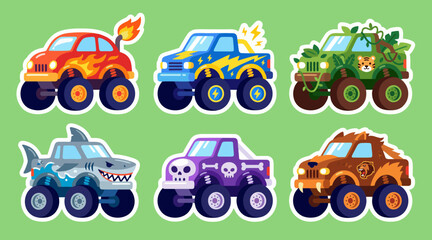 Colorful monster trucks vector illustration collection featuring diverse themes like fire shark tiger jungle skulls and lightning bolts for kids design © AhmadMuslih