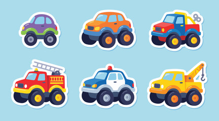 Colorful monster truck vehicle collection featuring various playful designs including fire trucks police cruisers and construction cranes in vector illustration format © AhmadMuslih