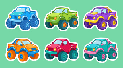Colorful monster truck set presented as a vibrant vector graphic collection featuring six distinct pickup vehicles with large rugged tires © AhmadMuslih