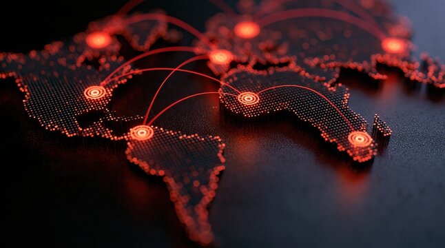 Global digital network connectivity with glowing data lines on a world map tech