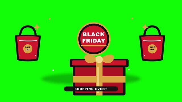 Black friday shopping animation showing dynamic gift box and sale buckets against vibrant green screen background for marketing motion project