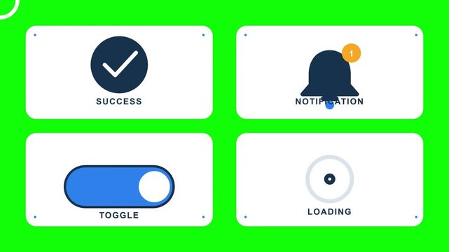 User interface web animation showing status icons like success checkmark notification bell toggle switch and circular loading progress bar motion