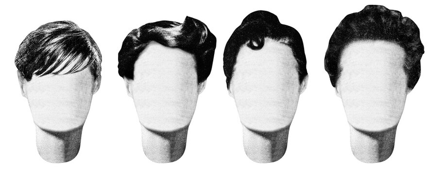Isolated photo of newspaper textured female mannequin short hairstyles. Paper collage or identikit clipart.