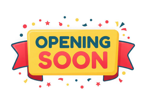 Opening soon announcement banner with confetti isolated on transparent