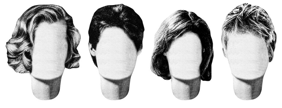 Isolated photo of newspaper textured female mannequin short and semi-long hairstyles. Paper collage or identikit clipart.