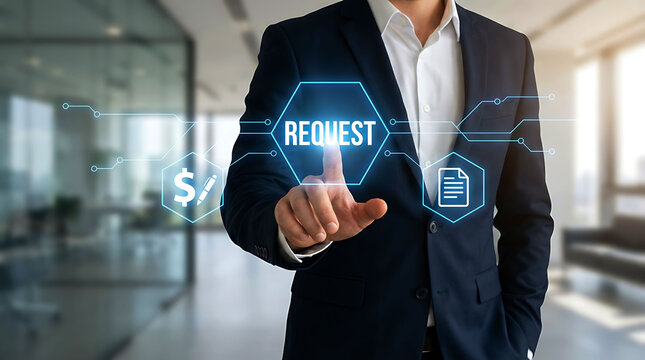 Businessman pressing virtual request button on digital interface screen graphic