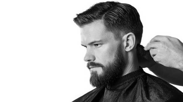 Monochrome portrait of a bearded man getting his hair trimmed by a professional stylist in studio.