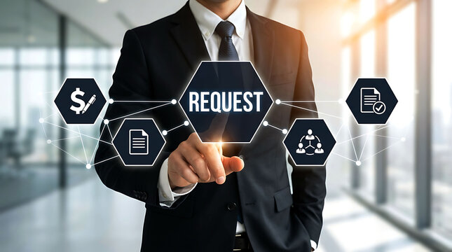 Businessman pressing interactive request button on futuristic workflow screen