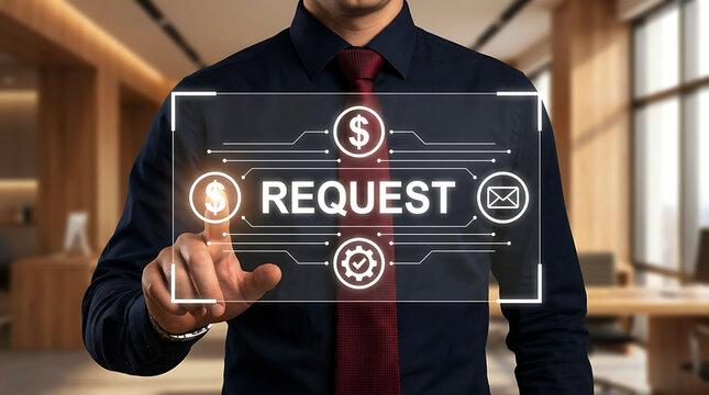 Businessman interacting with a futuristic virtual financial request interface screen