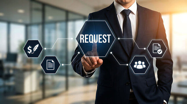 Businessman interacting with digital request interface in modern office