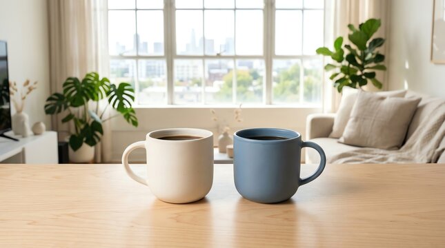 Cozy morning scene with two ceramic mugs of coffee on a wooden table by a bright window