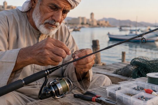 Elderly man threading fishing rod in peaceful coastal setting at sunset with traditional boats and distant mountains. concept of patience, skill, cultural heritage