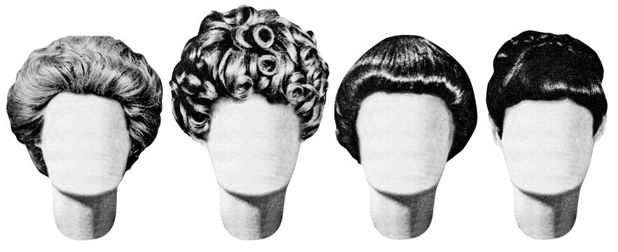 Isolated photo of newspaper textured female mannequin short curly hairstyles. Paper collage or identikit clipart.