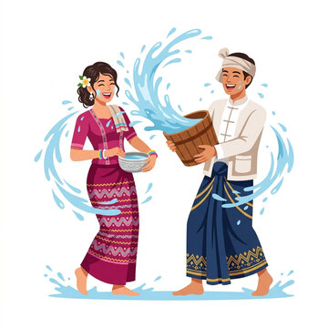 Burmese People Celebrating Thingyan Water Festival Traditional Costume Illustration
