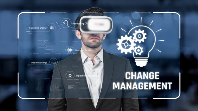 A business professional engages with virtual reality technology in a corporate setting, illustrating the concepts of change management and innovation through visual graphics. Raster
