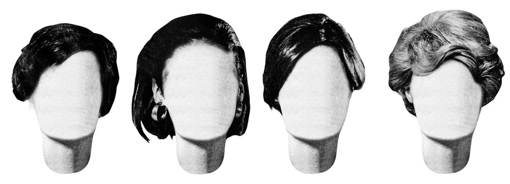 Isolated photo of newspaper textured female mannequin short and semi-long hairstyles. Paper collage or identikit clipart.