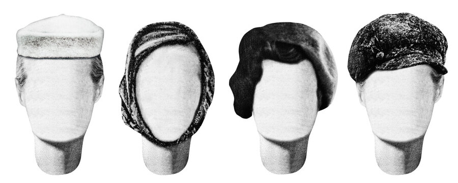 Isolated photo of newspaper textured female mannequin hairstyles with beret,caps and hats. Paper collage or identikit clipart.