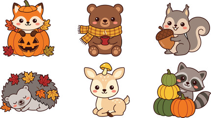 Obraz premium Cute Autumn and Halloween Animal Illustration Set with Fox, Bear, Squirrel, Hedgehog, Deer, Raccoon, Pumpkins, and Seasonal Leaves