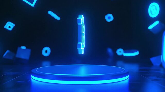 Neon Bitcoin Symbol Rotating Above a Glowing Stage with Floating 3D Geometric Shapes