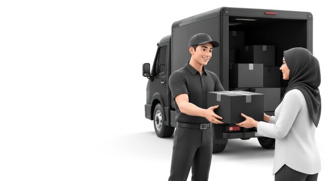 Delivery driver handing package to woman in hijab, cargo van background, logistics concept