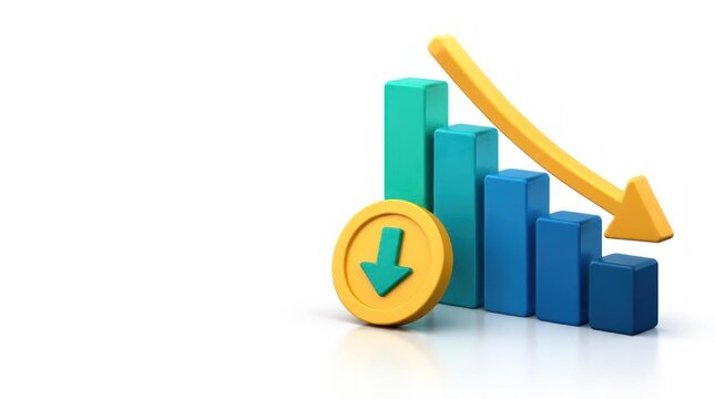 3D Bar Chart Downward Trend with Arrow and Coin, Business Decline Concept