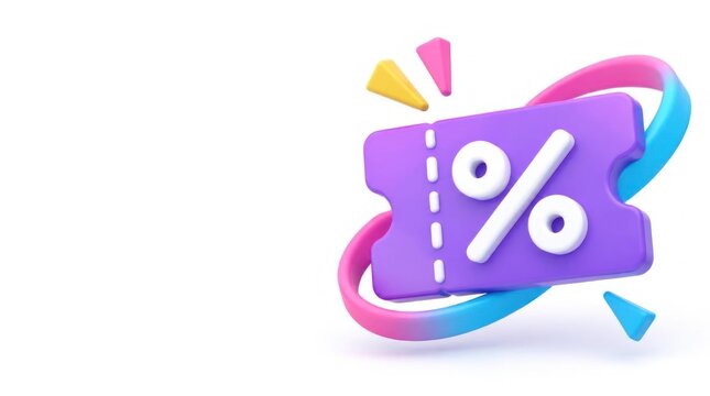 3D Discount Coupon with Percentage Sign and Swirling Ribbon