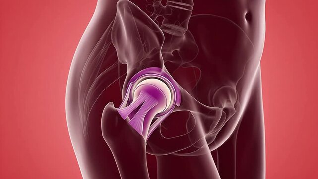 3D medical illustration showing the human hip joint anatomy with femur bone and pelvis on a red background
