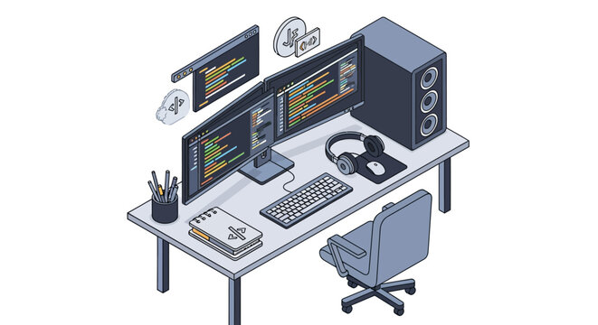 Isometric 3D vector illustration of a modern technology workstation with dual monitors showing software code, a desktop computer tower, headphones, and office chair on a white background.