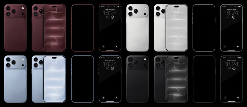 Detailed red, blue, black and silver mobile phone mockup pack. Smartphone front and rear view isolated on black background. Vector illustration