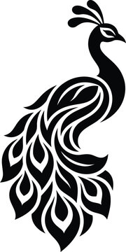 Peacock silhouette vector graphic illustration with elegant decorative feather pattern design
