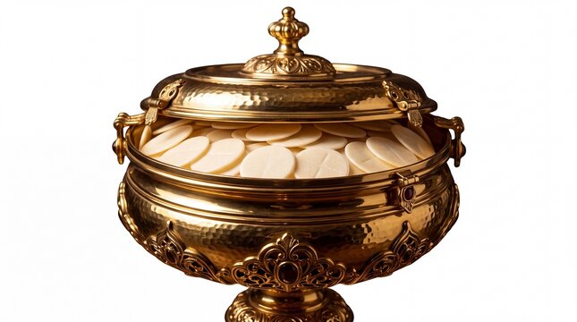 Golden ornate ciborium filled with sacred eucharist wafers
