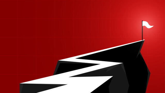 Path on the dangerous hills to the target. White path with red gradient background with flag as a goal, target, plan, success, achievement. Suitable for business plan presentation purpose.