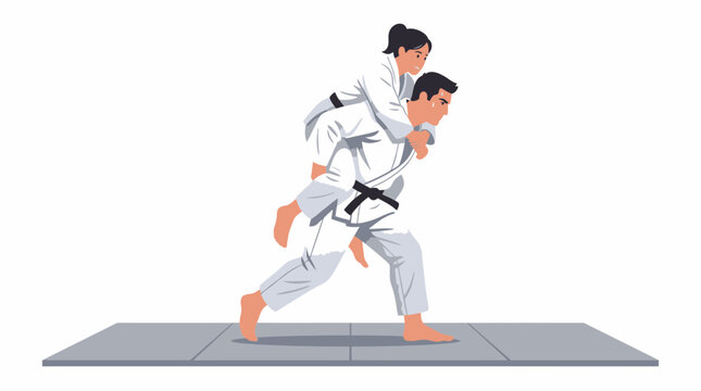 Flat 2D vector illustration of a male judo athlete performing a strength drill by carrying a female partner on his back in a piggyback style on a mat, training for martial arts competition.
