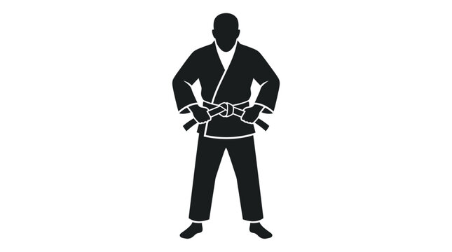 Minimalist black silhouette of a judo athlete wearing a traditional martial arts uniform gi and holding a black belt, isolated on white background for sports and combat training concept.