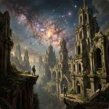 A lone astronaut stands on the precipice of a colossal, crumbling alien city, gazing out at a nebulae-filled sky.