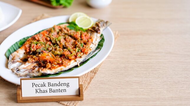 Indonesian Pecak Bandeng grilled milkfish with spicy tomato sambal and lime on wooden table