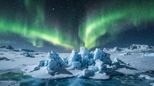 Northern lights shimmering over arctic ice blocks under starry sky