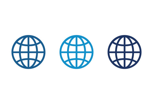 Set of three blue globe icons representing global communication and worldwide connectivity.