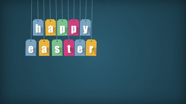 Colorful paper tags hanging on strings spelling happy easter against a dark background motion graphic