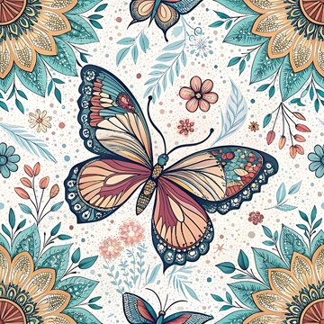 Bohemian seamless pattern featuring an intricate central butterfly surrounded by teal and orange mandala flowers, leafy sprigs, and small berries on a clean off-white canvas.