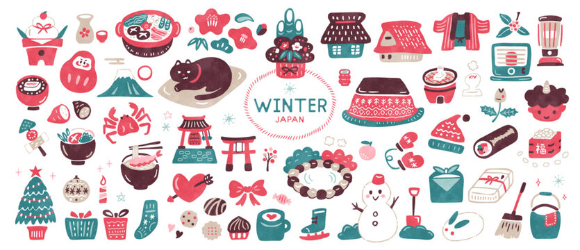 日本の冬の水彩イラスト お祝いや行事のゆるかわ手書きセット