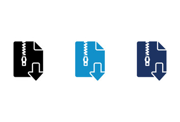 Fototapeta premium Set of compressed zip file download icons in black and blue colors for digital storage and web design.