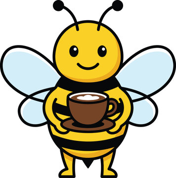 Cute cartoon character with friendly yellow bee holding warm coffee cup, concept for morning cafe mascot branding and children illustration design