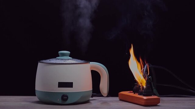 Short-circuit electrical fire and flame on overloaded power strip with electric pot in kitchen, home safety insurance hazard concept.