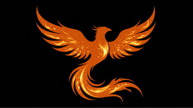 Flaming phoenix bird with spread wings vector illustration on dark background