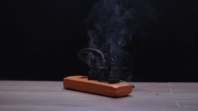 Smoke and fire on an overloaded electrical power strip socket causing home short-circuit risk and hazardous fire danger on a dark background.
