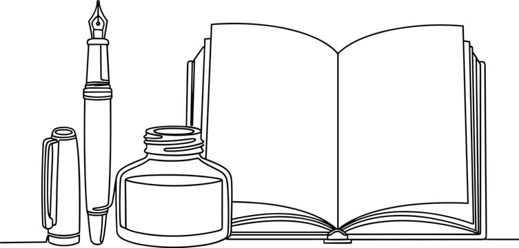 Fountain pen and ink bottle with open book for creative writing and literary arts hobby concept in black line art