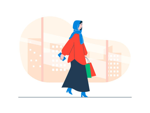 A woman wearing a blue hijab, a red top, and a dark skirt, carrying shopping bags. Dubai illustrations. Flat vector concepts.